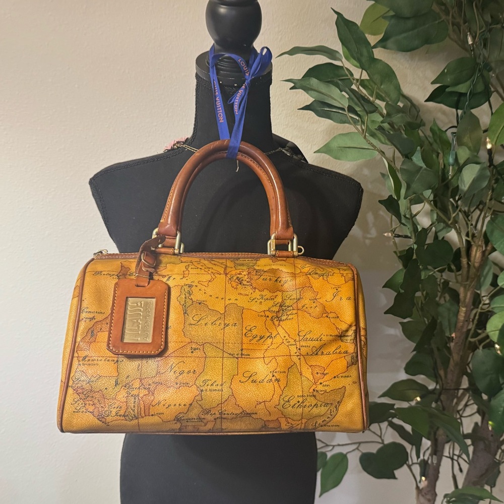 1999 Alviero Martini Tan and Brown Map Print Boston Bag - Picture 7 of 15